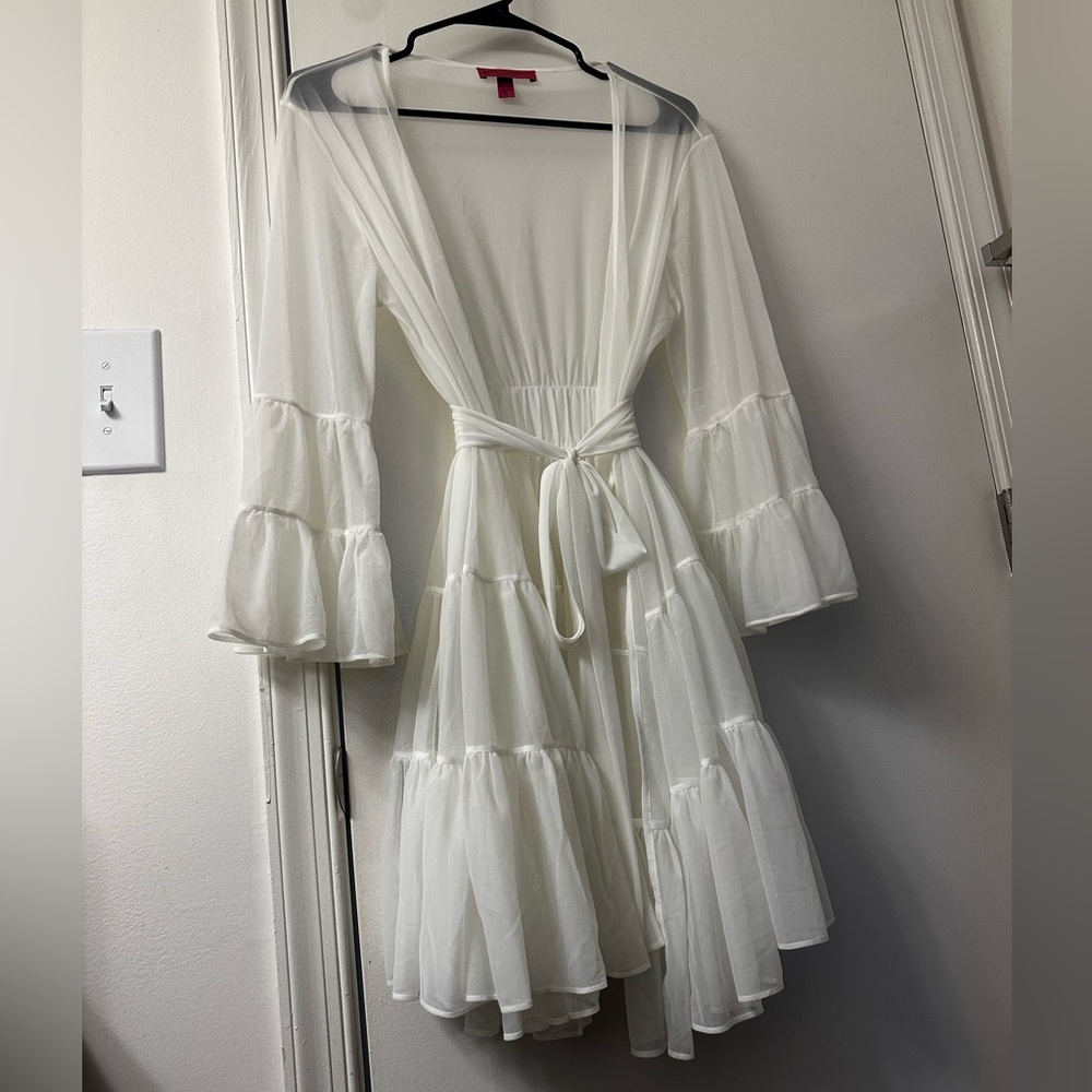 Betsey Johnson Intimates White Sheer Mesh Tiered Ruffle Robe Mini Dress OS